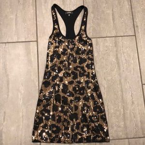 Gold sequin, black mini dress